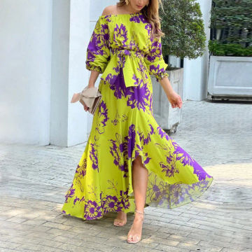 2023 Beach Elegant Dresses for Women Fashionable Casual Floral Print Lantern Long Sleeves Lace Up Angled Shoulder Dress