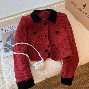 2023 Autumn Winter Small Fragrance Temperament Tweed Red Jacket Korean Fashion Women Top Chic Short Jackets