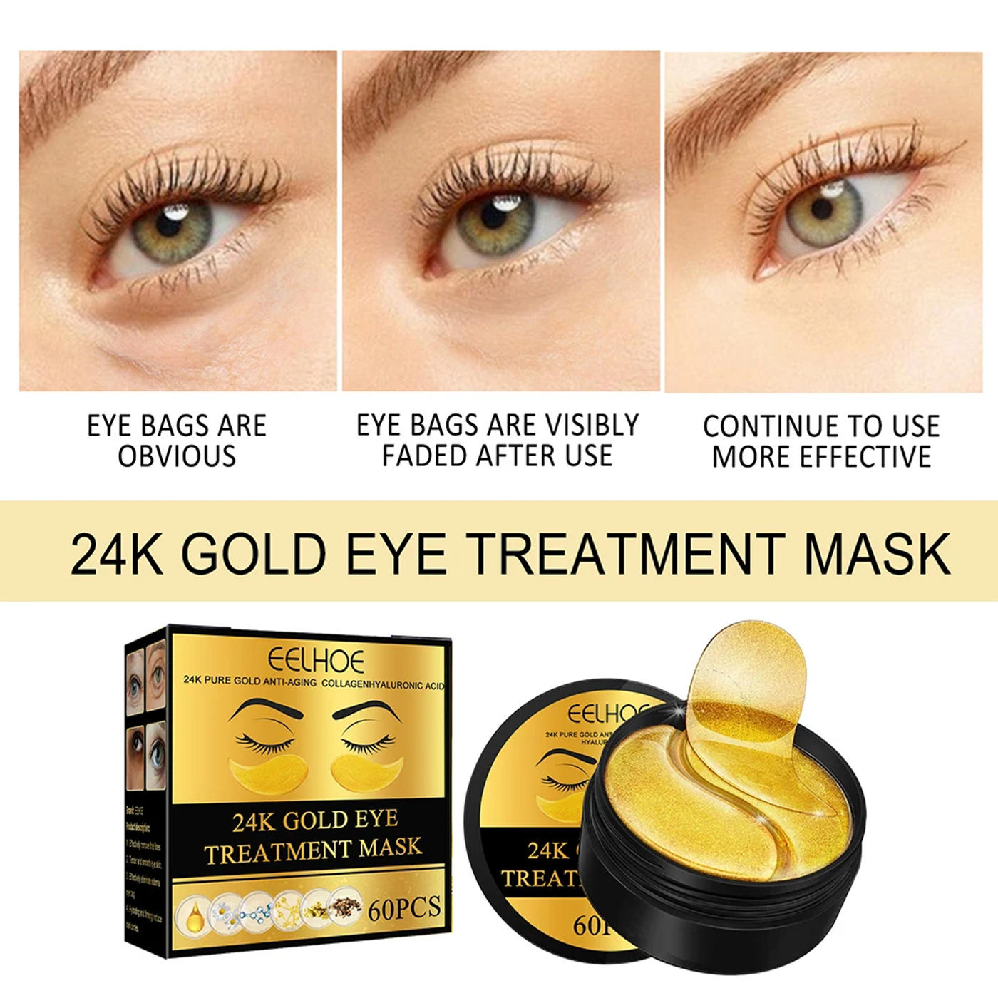 Description Picture 4 of item24K Gold Collagen Eye Patches Anti Aging Crystal Collagen Eye Mask Patches Anti Puffiness 60pcs Moisturizing Eye Mask Patches
