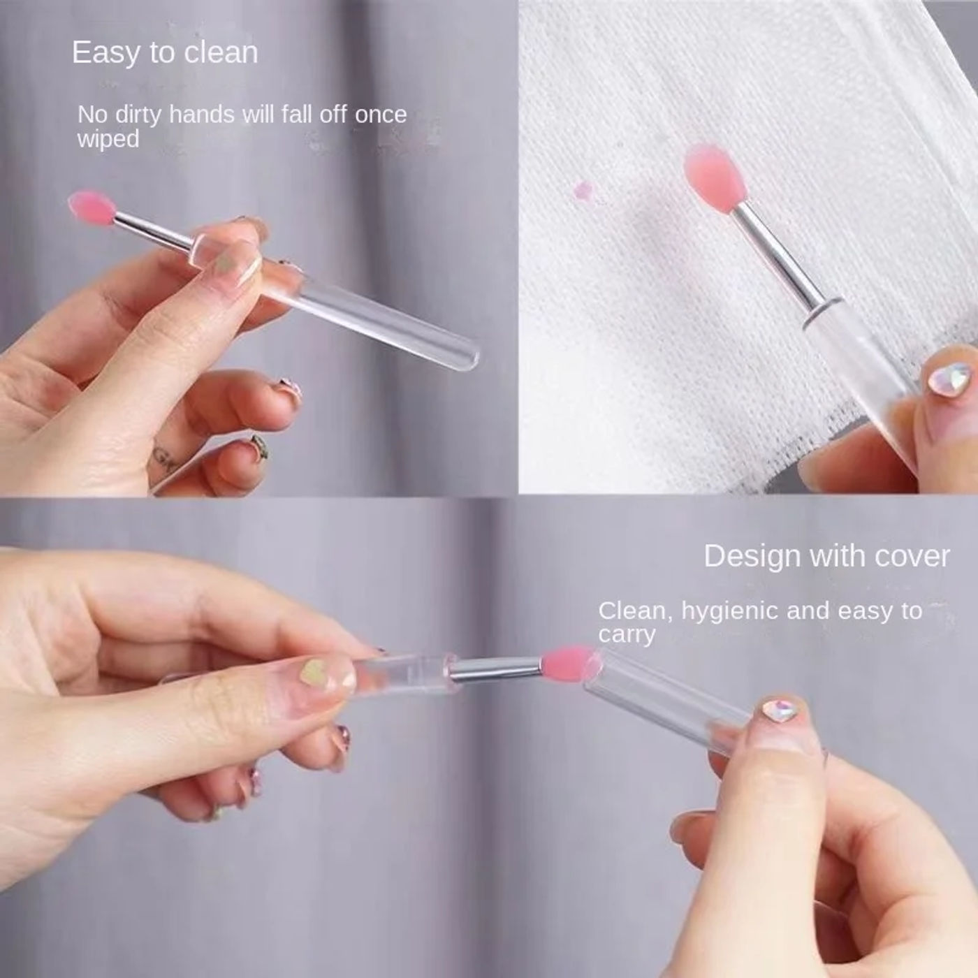 Description Picture 5 of item1/3PCS Portable Silicone Lip Brush With Cover Soft Multifunctional Lip Balm Applicator Lipstick Lipgloss Eyeshadow Makeup Brush