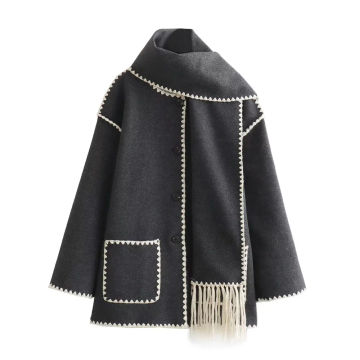 Zach Ailsa 2023 Autumn/Winter New Women's Wear Small Fragrant Wind Contrast Color Border Scarf Decoration Loose Woolen Coat