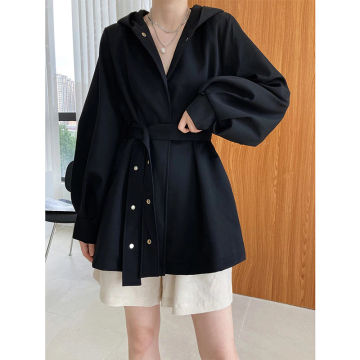 Lautaro Spring Khaki Black Loose Casual Hooded Coats Korean Style for Women Sashes Luxury Designer Fall Clothing Fashion 2022