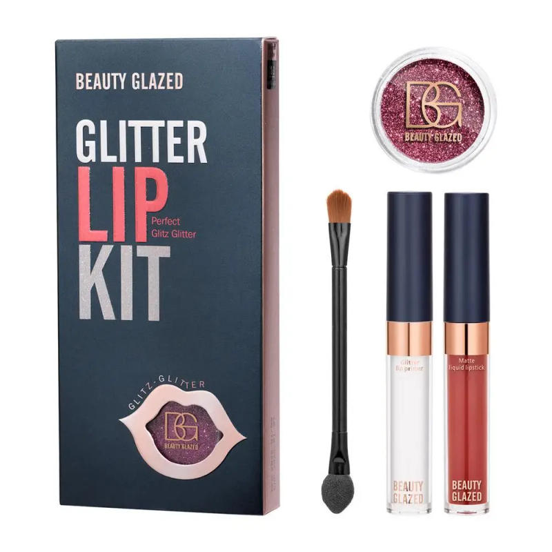 Description Picture 5 of itemGlitter Lips Kit Smudg-Pproof Water-Proof Long-Lasting Sparkle Liquid Lipstick Set With Double End Lip Brush Lip Glitter Primer