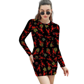 Red Lobsters Bodycon Dress Summer White Polka Dots Cute Dresses Woman Long Sleeve Printed Street Style Dress Big Size 2XL