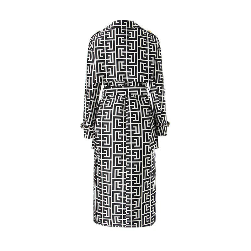 Description Picture 4 of itemHIGH STREET Newest Fall Winter 2023 Designer Women's Lion Buttons Geometrical Monogram Jacquard Belted Trench OverCoat