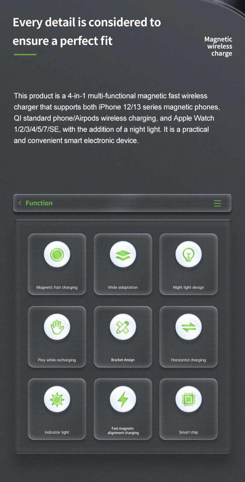 Description Picture 3 of item3 In1 Magnetic Fast Wireless Charger Stand Macsafe For iPhone 14 13 12 Pro Max Apple Watch Airpods 30W LED Fast Charging Station