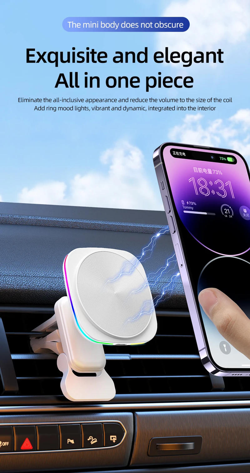 Description Picture 6 of item30W Magnetic Car Wireless Charger RGB LED Light Air Vent Phone Holder Macsafe For iphone 14 13 12 Pro Max Fast Charging Station