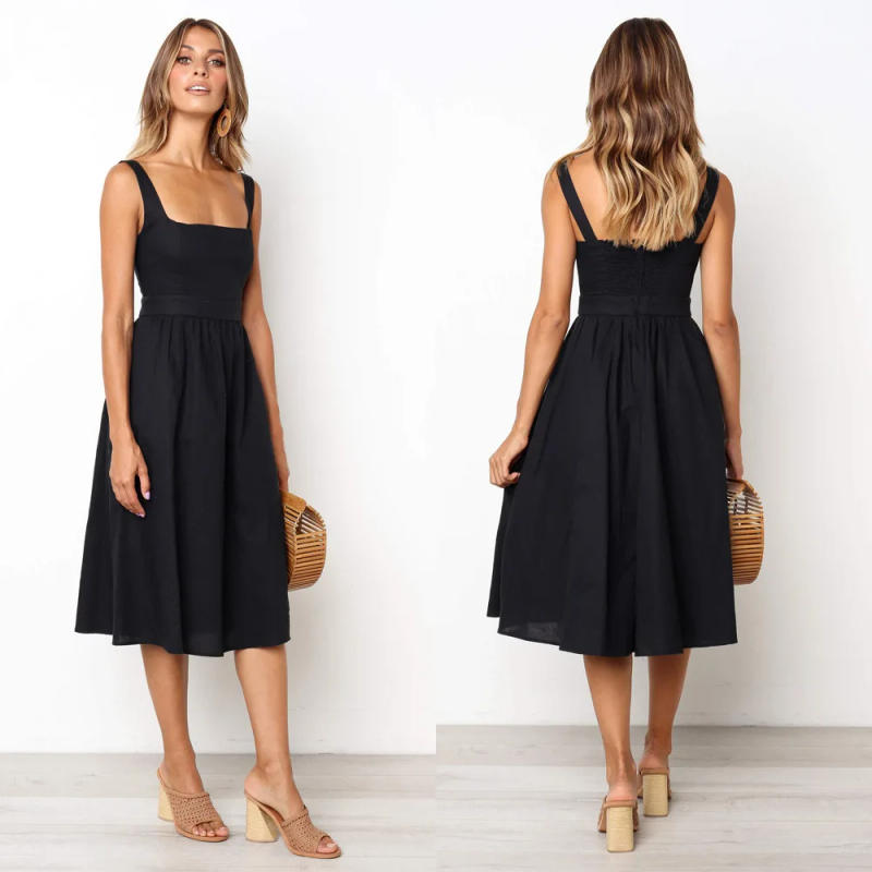 Description Picture 3 of itemLossky Casual Solid Dress Women Midi Long Summer Sexy Backless Slip Dresses Ruched Fashion Elegant Party Clothes Leisure 2023