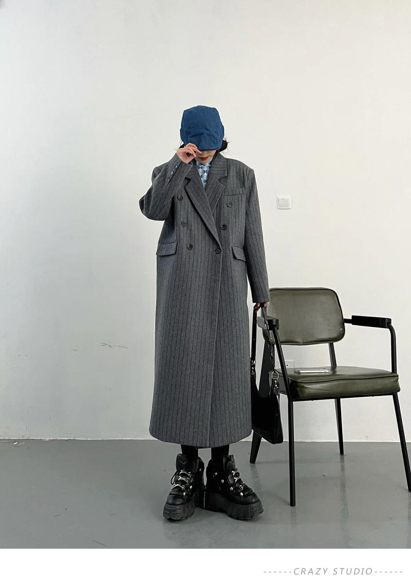 Description Picture 5 of itemBZVW Vintage England Style High-end Overcoat Women's 2023 Temperament Mid-length Striped Coat Female Autumn Winter New 25X2155