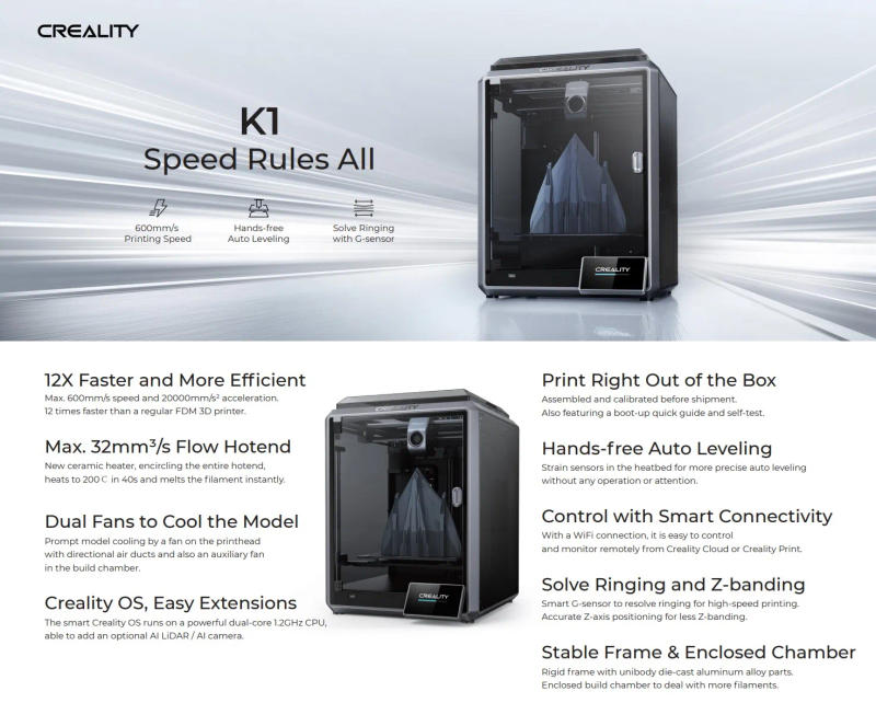 Description Picture 2 of itemBlack Friday CREALITY NEW K1 /K1 MAX Speedy 3D Printer Print Speed 600mm/s Print Volume 220*220*250mm / 300*300*300mm