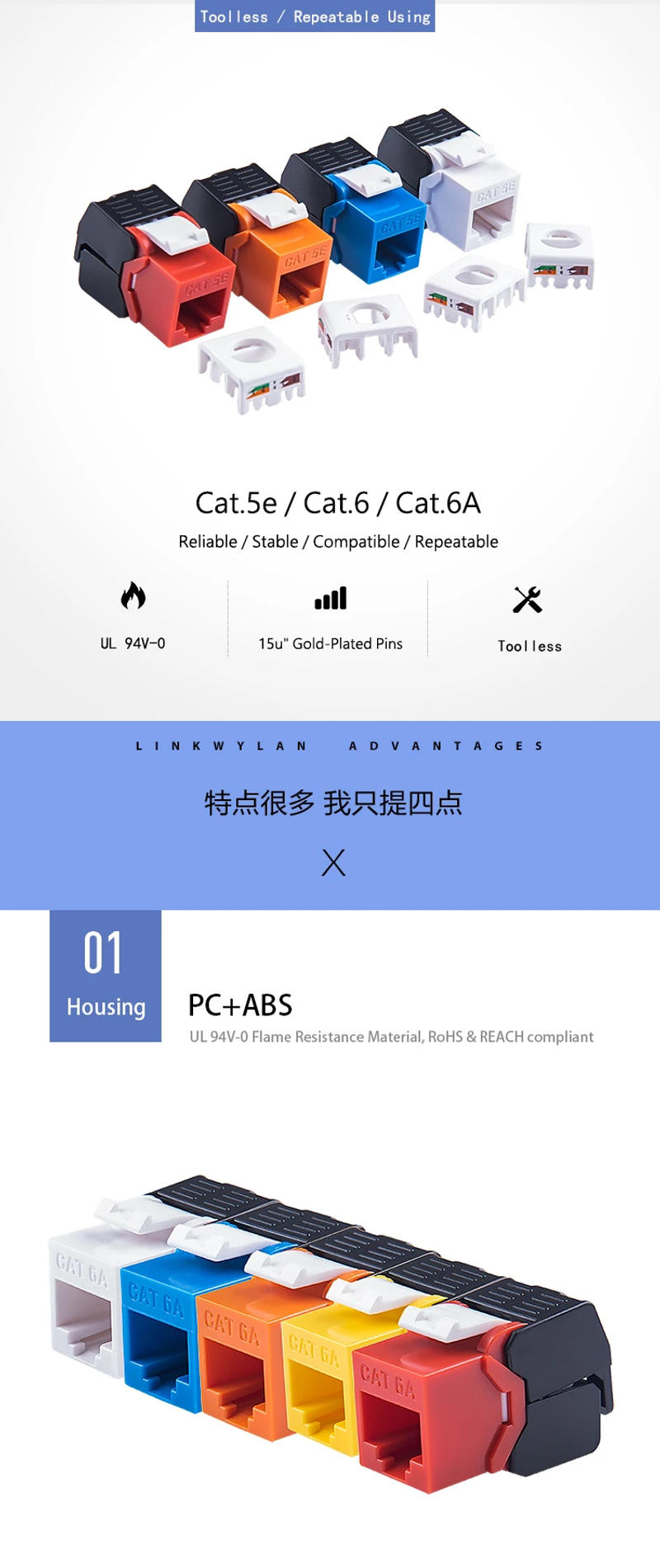Description Picture 2 of itemLinkwylan RJ45 Cat 5e 6 6A Multi Colors Keystone Jack Toolless Type UTP Network Modules Tool-Free Connection One Piece
