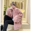 Women Jacket Loose Fitting Faux Rabbit Fur with Plush 2023 Autumn Thickened Standing Neck Zipper Sweater Plush Coat for Women