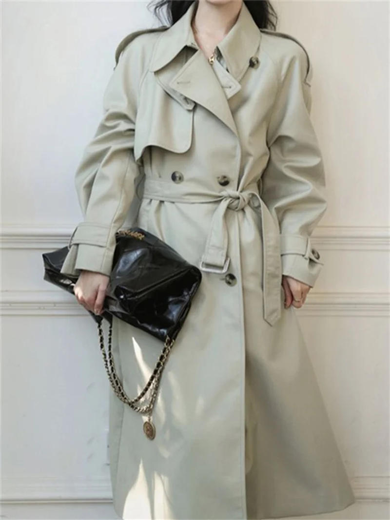 Description Picture 6 of itemBotvotee Solid Long Trench for Women Fall Winter 2023 New Vintage Turn Down Collar Long Sleeve Jacket Loose Double Breasted Coat