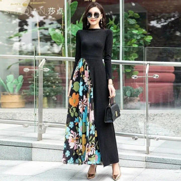 Women's Dress Long Sleeve Contrast Knitted Dress Colorful and Slim Temperament Large Size Long Dress Large Swing Skirt