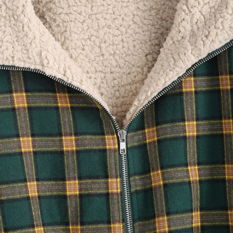 Description Picture 6 of itemZAFUL Zip Up Fleece Lined Plaid Houndstooth Jacket Women Drawstring Coat Winter Warm Outwear