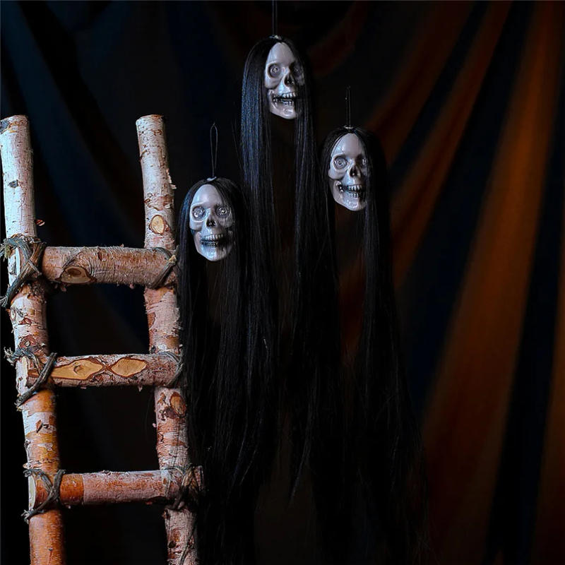 Description Picture 4 of itemHalloween Hanging Ghost Skull with Long Hair Glowing Eyes Terror Skull Ghost House Head Skeleton Props 2023 Halloween Decoration