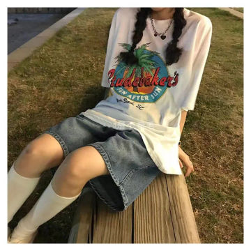 Summer Women Vintage Y2K  Streetwear Denim Shorts High Waist Knee Length Wide Leg Baggy Alt Cargo Short Pants  women shorts