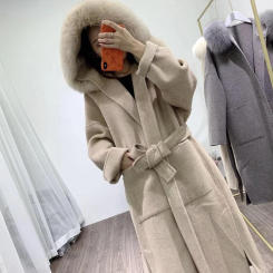 2023 Winter Women Natural Fox Fur Collar Hood Jacket Real Fur Coat Cashmere Wool Blends x-Long Outerwear Streetwear Korea