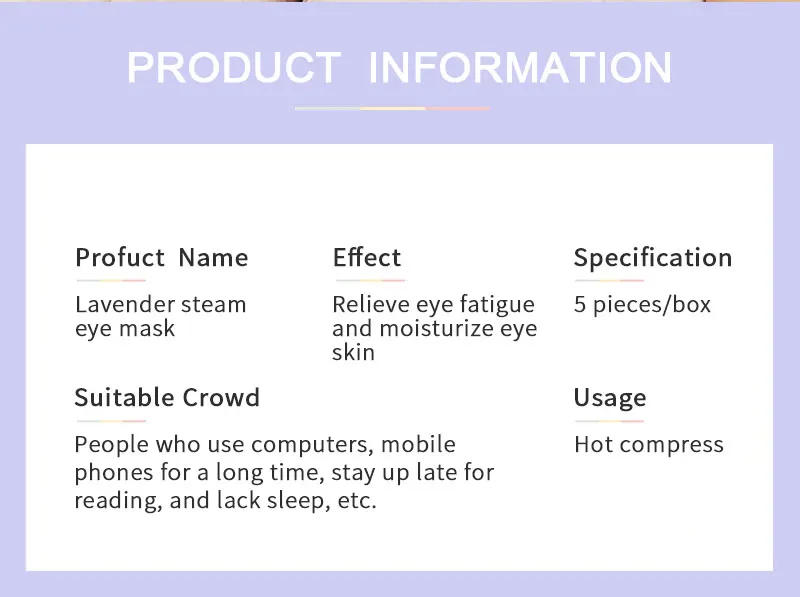 Description Picture 3 of item5PCS Lavender Steam Warm Eye Mask Dark Circle Eye Bags Eliminate Puffy Wrinkles Anti Aging Eyes Fine Line Sleeping Eye Mask