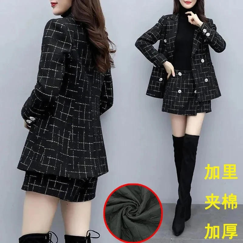 Description Picture 3 of item2022 Autumn Winter New Style Thickened Woolen Plaid Coat Slim Bag hip Skirt Pants Fashionable Temperament Two-piece Suit Female