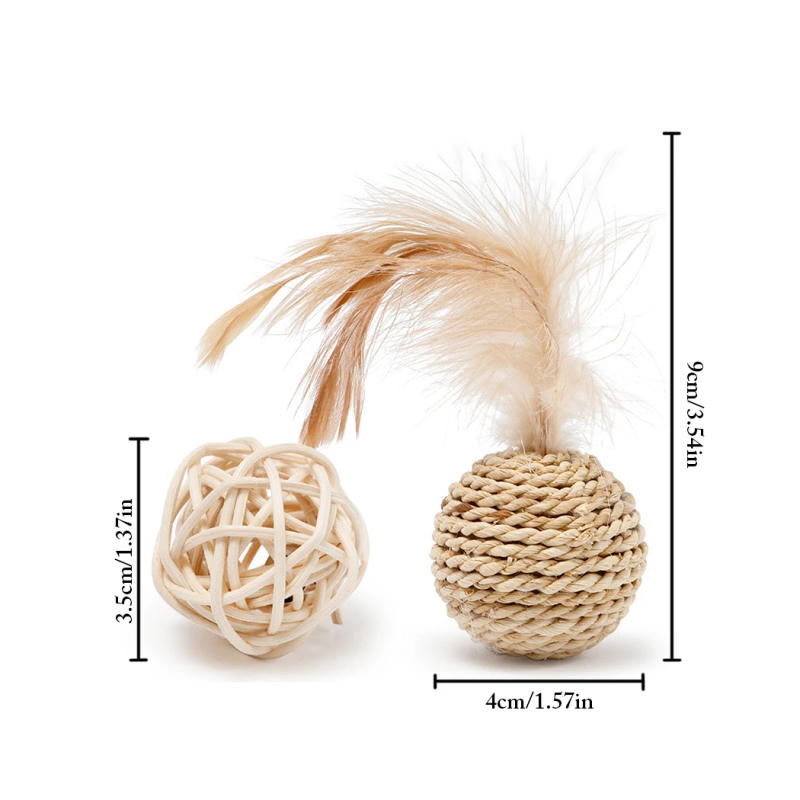 Description Picture 2 of item2pcs Cat Toy Pet Rattan Ball Cat Toy Funny Faux Feather Cat Bell Ball Kitten Playing Interactive Ball Toys Pet Supplies