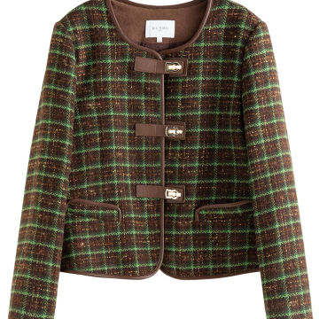 DUSHU Plaid Fragrance Women Skirts Sets Leather Stitching Short Wool Coat Long Skirt Suit Retro Green Plaid Women Winter Jackets