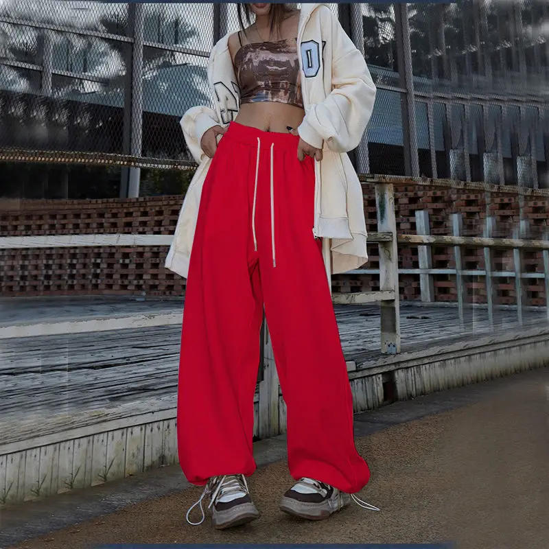 Description Picture 6 of itemStreetwear Vintage Elastic High Waist Wide Leg Pants Women Solid All-match Fashion Straight Hip Hop Loose Dance Sports Trousers
