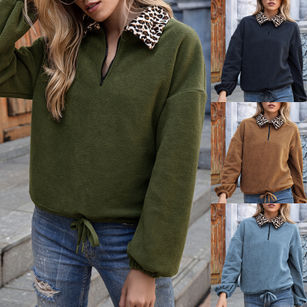 Women Turn Down Leopard Collar Zip Faux Fleece Pullover Drawstring Sweatshirt