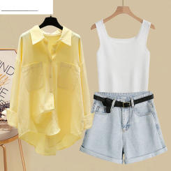 2023 New Sunscreen Chiffon Shirt Suspender Vest Denim Shorts Three-piece Elegant Women Pants Suit Summer Street Outfits N488