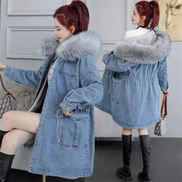 Women's Jeans Coat 2023 New Winter Coats Thick Wool Denim Jacket Korea Loose Hooded Fur Collar Long Clothes Outerwear Female