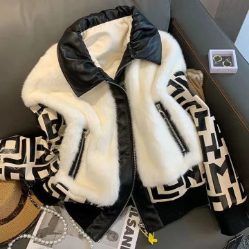 2023 Winter New French Style Brand Short  Warm Chic Fur Lamb Wool Coat Pu Patchwork Zipper Pocket Outwear Chaqueta Mujer