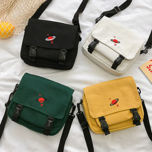 Solid Color Multi Pocket Planet Embroidery Canvas Shoulder Bag Messenger Pouch
