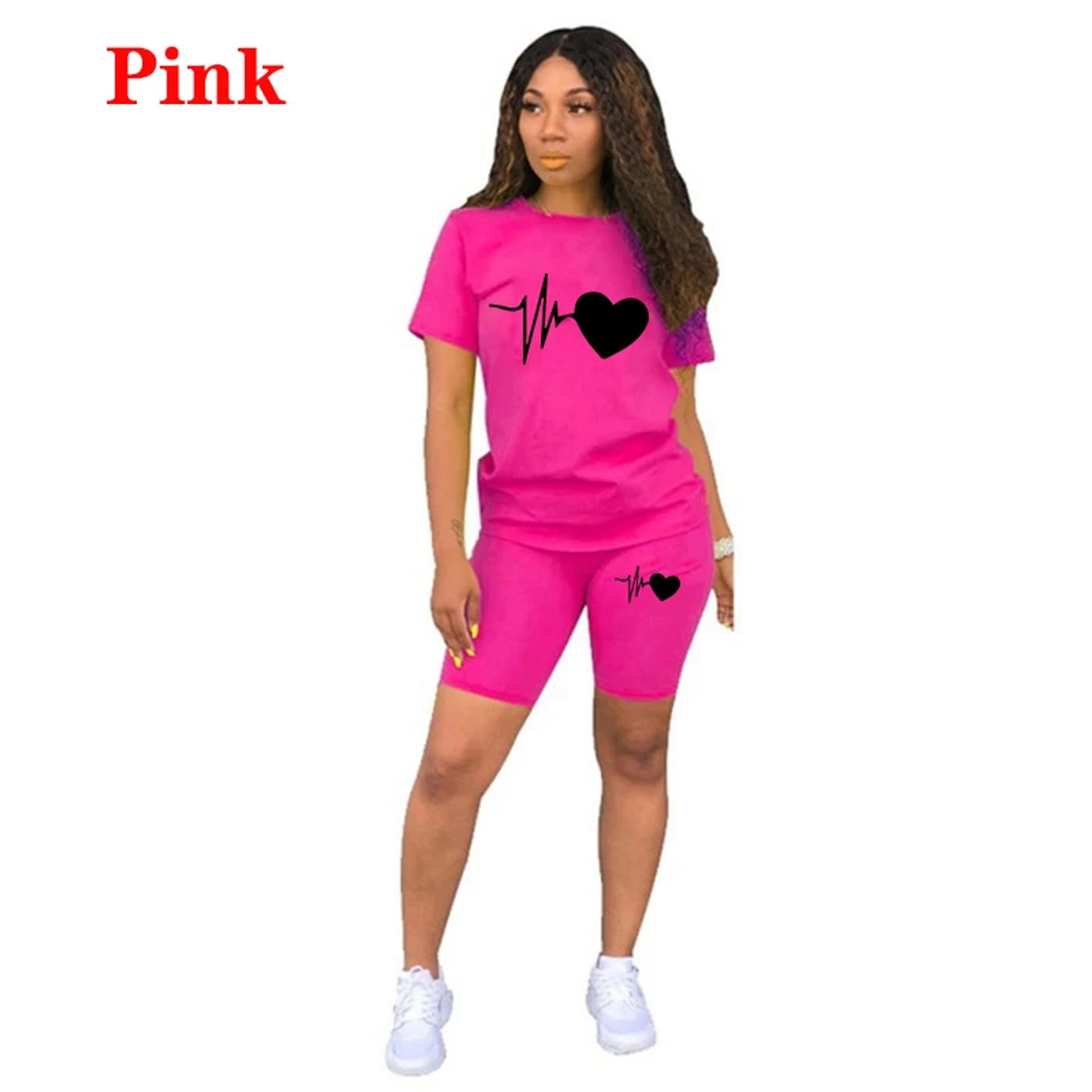 Description Picture 5 of itemSummer New Women Fashion Solid Color Print 2 Piece Sets Casual Sports Suit Short Sleeve T-shirt + Shorts S-3XL