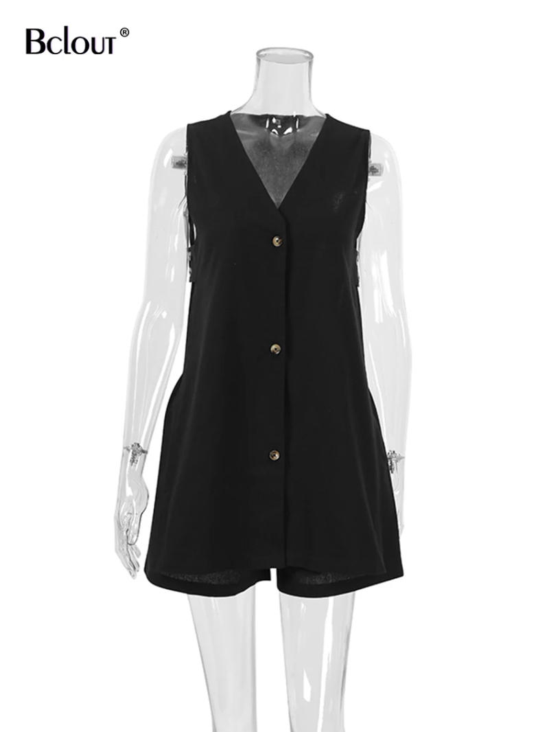 Description Picture 3 of itemBclout Summer Black Linen Shorts Sets Womens 2 Pieces Fashion V-Neck Buttons Sexy Tops Elegant Cotton Wide Leg Shorts Suits Chic