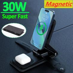 30W 3 in 1 Magnetic Wireless Charger Stand Pad for iPhone 14 13 12 Pro Airpod iWatch 8 7 6 Foldable Fast Charging Dock Station