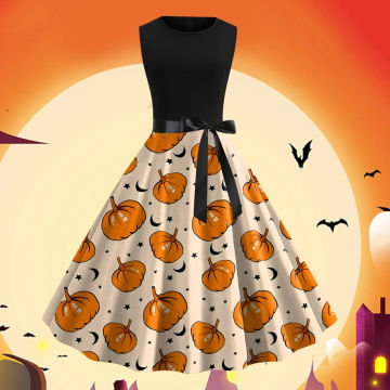 Women's Sleeveless Dress Round Neck Sleeveless Printed Vintage Swing Dress Cocktail Prom Party Dress Halloween Dresses For Women