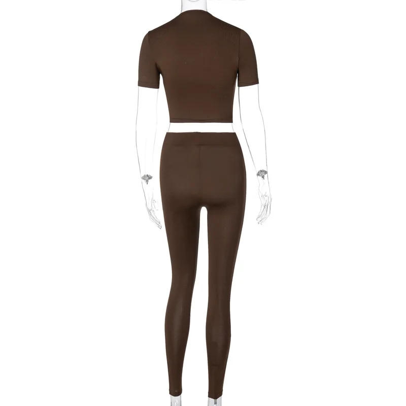 Description Picture 4 of itemHugcitar Solid Women 2 Piece Set Short Sleeve Crop Top High Waist Leggings Outfits Sportswear Matching Co ords Suit Clothes