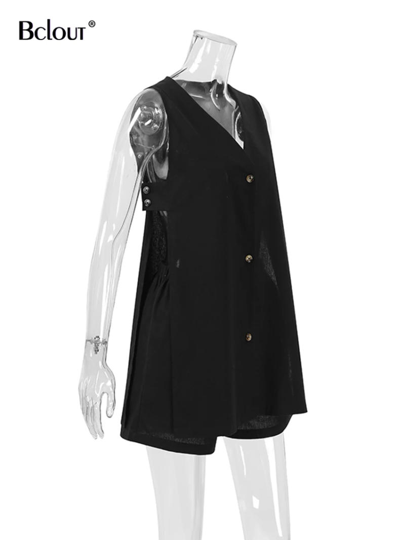 Description Picture 4 of itemBclout Summer Black Linen Shorts Sets Womens 2 Pieces Fashion V-Neck Buttons Sexy Tops Elegant Cotton Wide Leg Shorts Suits Chic