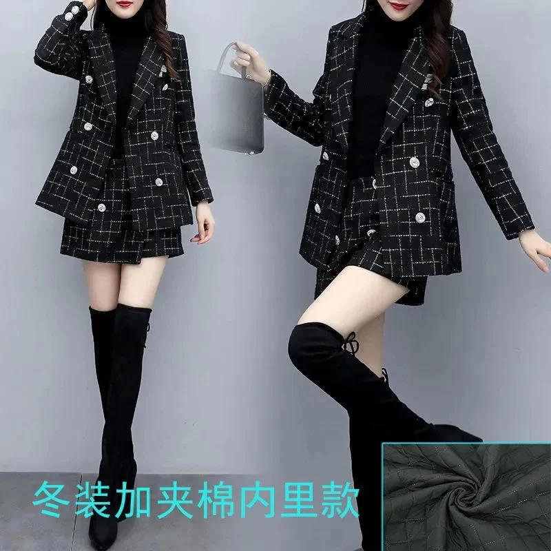 Description Picture 4 of item2022 Autumn Winter New Style Thickened Woolen Plaid Coat Slim Bag hip Skirt Pants Fashionable Temperament Two-piece Suit Female