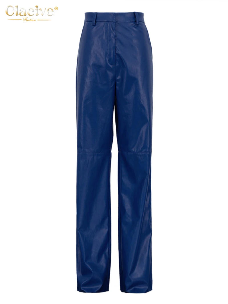 Description Picture 3 of itemClacive Fashion Blue Pu Leather Women'S Pants Elegant Slim High Waist Straight Trousers Streetwear Pantalones Female Clothing
