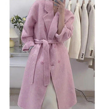 2022 Winter Popular New Long Mulberry Silk Woolen Overcoat Women Double Breasted Lacing Belt Classic Pink Loose Wool Coat Jacket