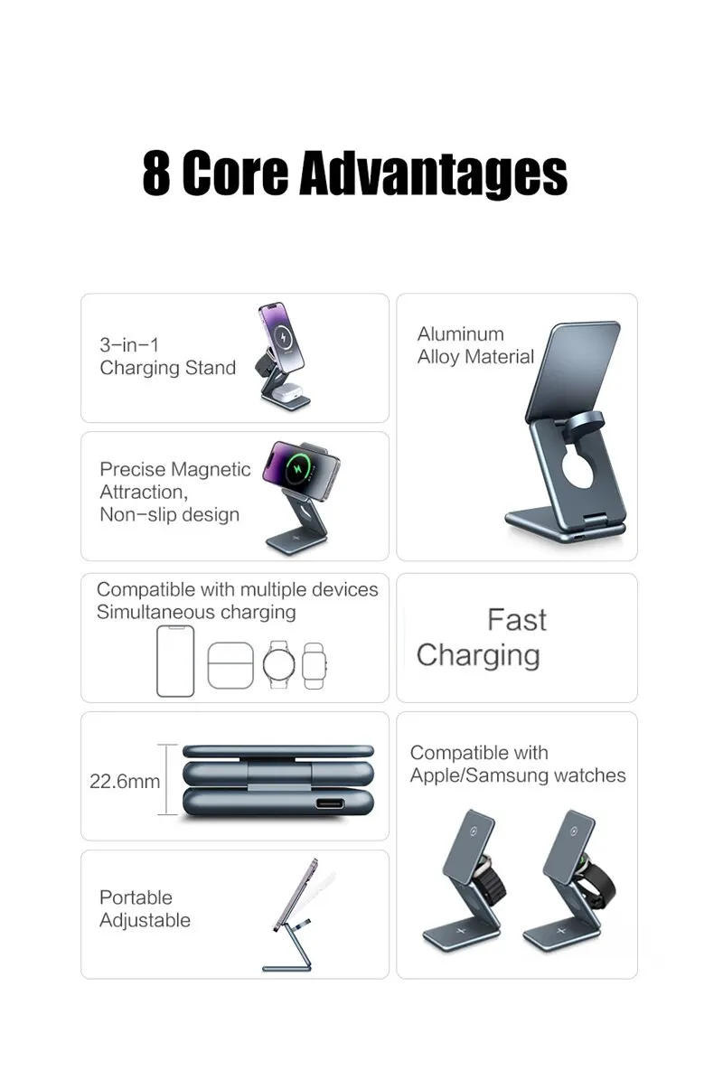 Description Picture 5 of item3 In 1 Magnetic Wireless Charger Stand Pad for iPhone 14 13 12 Samsung Galaxy Watch IWatch Foldable Fast Charging Dock Station