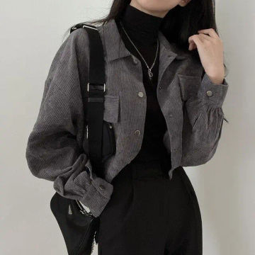Crop Jackets Women Corduroy Pure Simply Vintage Korean Fashion Button-up Clothing Baggy Temper Куртка Женская Teens Streetwear