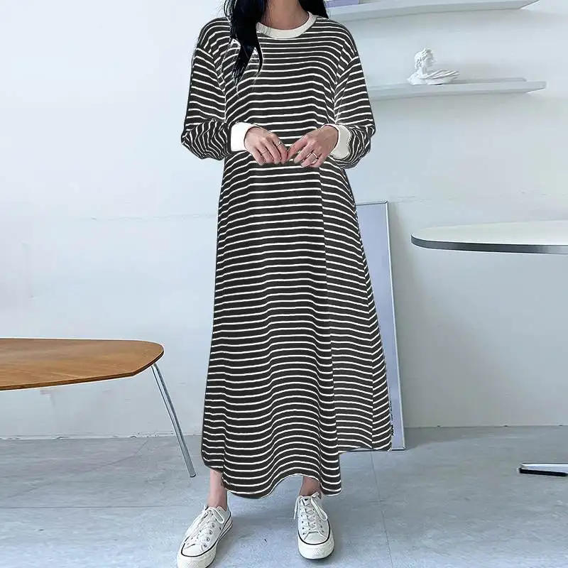 Description Picture 4 of itemZNAZEA Fashion Long Sleeve Sundress Casual Stripe Printed Dress Woman O-Neck, Dresses Female Elegant Street Maxi Robe Oversized