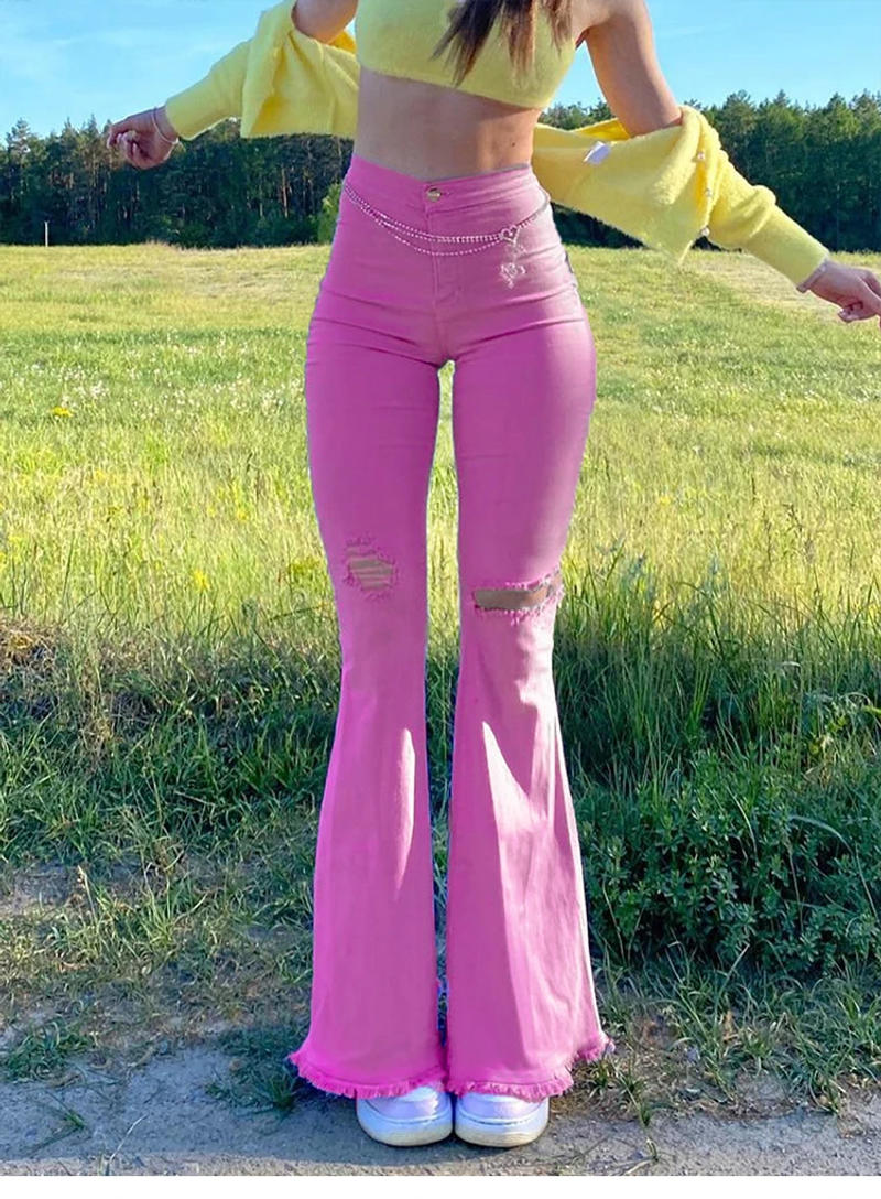 Description Picture 3 of itemWomen Flared Jeans Pants Girl High Waist Hole Trumpet Denim Trousers Slim Y2k Clothing Casual Wide Leg Long Pants Streetwear New