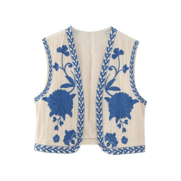 Women Floral Embroidery Vest Jackets Summer Vintage National Style Open WaistCoat Ladies Casual Patchwork V Neck Short Vest Tops