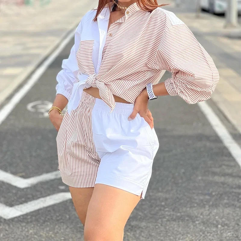 Description Picture 5 of itemWaterarea Fashion Striped Women's Set Long Sleeve Oversized Shirt and Shorts Street Autumn Two 2 Piece Sets Outfits Tracksuit