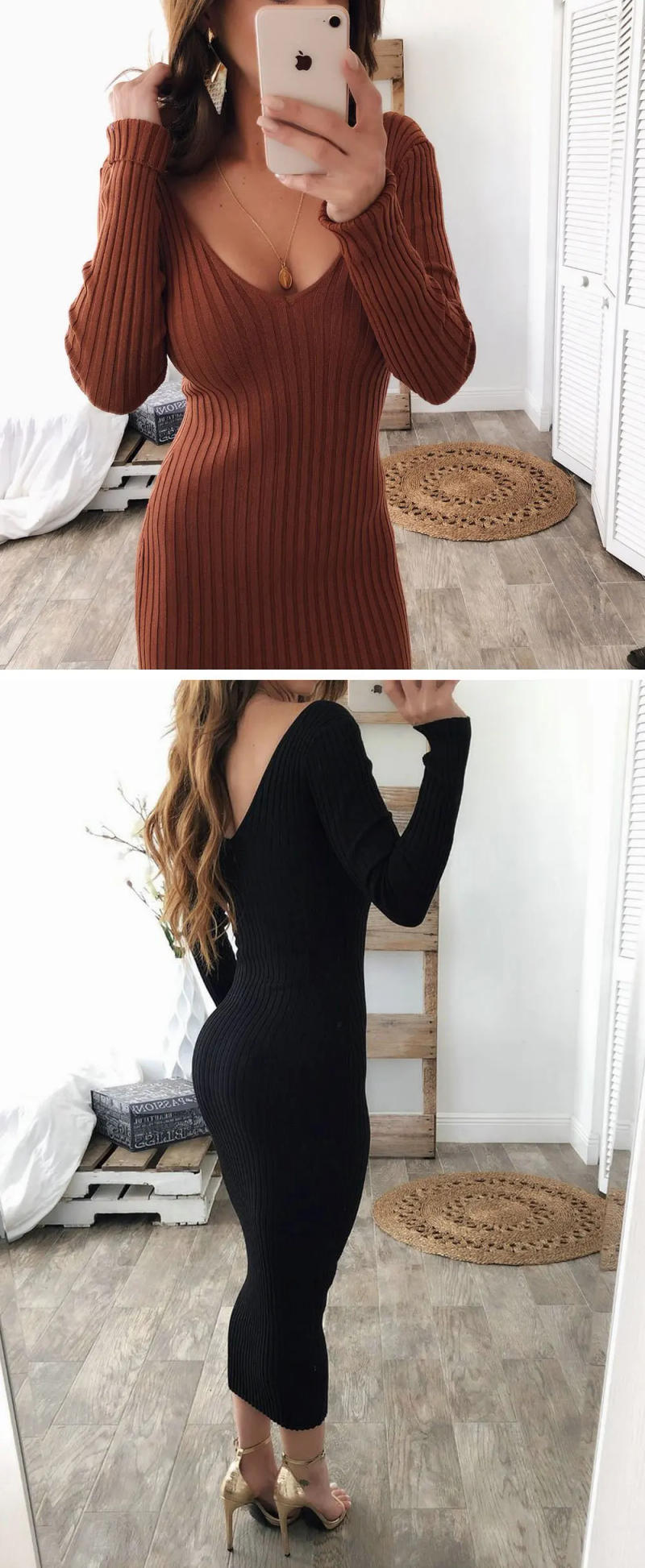 Description Picture 4 of itemWomen Package Hip Knitted Winter Dress Sexy Low Chest Deep V Neck Elegant Slim Bodycon Dress Autumn Pencil Long Vestidos Female