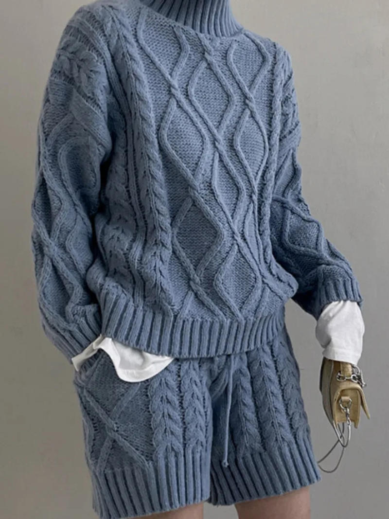 Description Picture 6 of item[EWQ] Women Turtleneck Solid Plaid Sweater+Waist Elastic Twists Knit Shorts 2023 Autumn Winter New Casual 2 Piece Set 16U3937