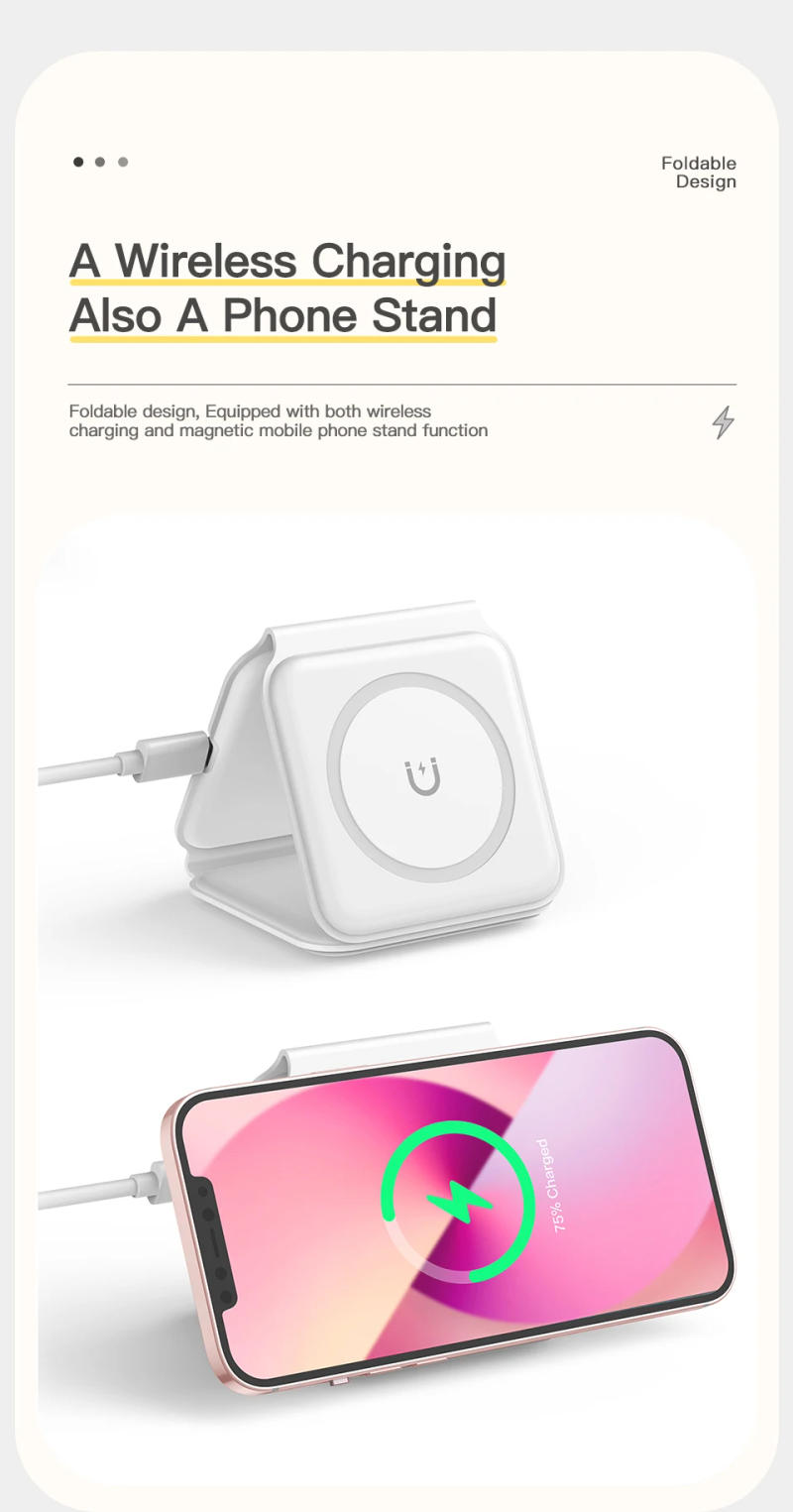 Description Picture 4 of itemEssager 3 in 1 Magnetic 15W Qi Wireless Charger Foldable Charger Stand For iPhone 13 12 /Airpod /iWatch 7 6 Xiaomi Fast Charging